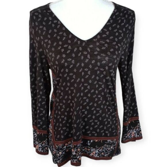 LUCKY BRAND BLACK, BURGUNDY, & WHITE FLORAL BOHO-INSPIRED TUNIC TOP SZ.S EUC. - Picture 1 of 6